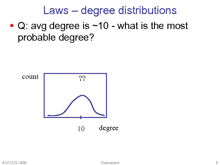 Laws – degree distributions § Q: avg degree is ~10 - what is the