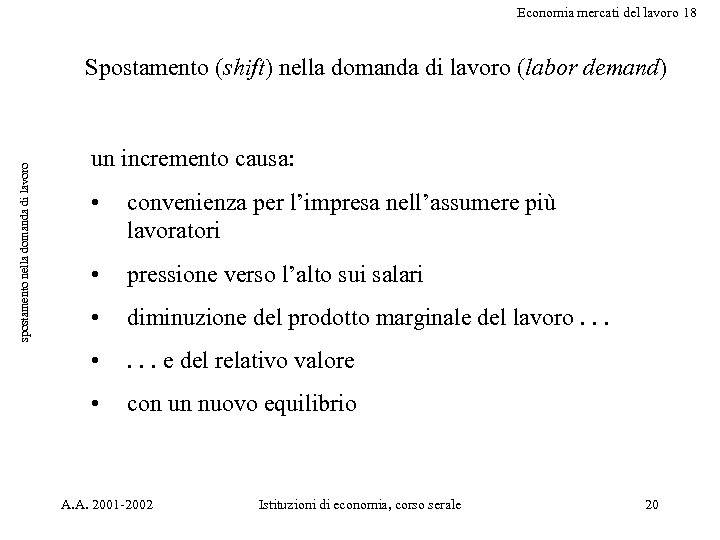 Economia mercati del lavoro 18 spostamento nella domanda di lavoro Spostamento (shift) nella domanda