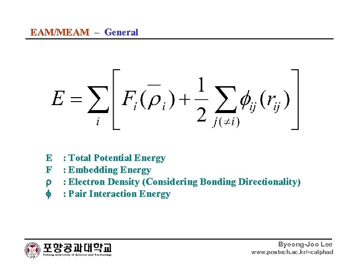 EAM/MEAM – General E F : Total Potential Energy : Embedding Energy : Electron