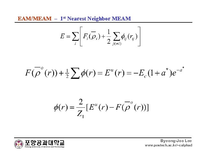 EAM/MEAM – 1 st Nearest Neighbor MEAM Byeong-Joo Lee www. postech. ac. kr/~calphad 