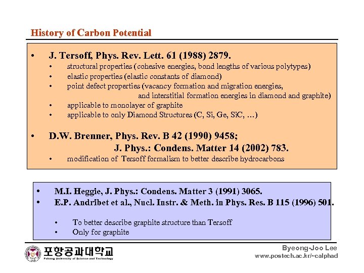 History of Carbon Potential • J. Tersoff, Phys. Rev. Lett. 61 (1988) 2879. •