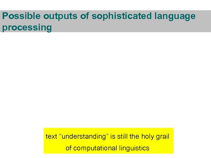 Possible outputs of sophisticated language processing text “understanding” is still the holy grail of
