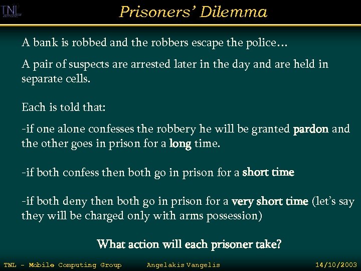 Prisoners’ Dilemma A bank is robbed and the robbers escape the police… A pair