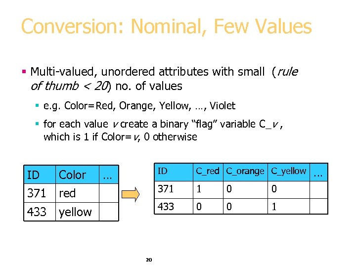 Conversion: Nominal, Few Values § Multi-valued, unordered attributes with small (rule of thumb <