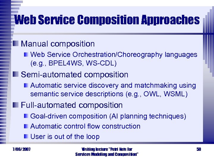 Web Service Composition Approaches Manual composition Web Service Orchestration/Choreography languages (e. g. , BPEL