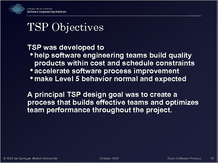 TSP Objectives TSP was developed to • help software engineering teams build quality products