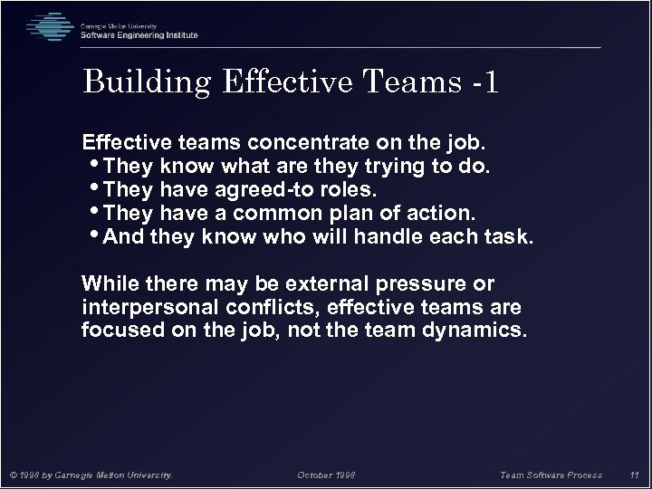 Building Effective Teams -1 Effective teams concentrate on the job. • They know what