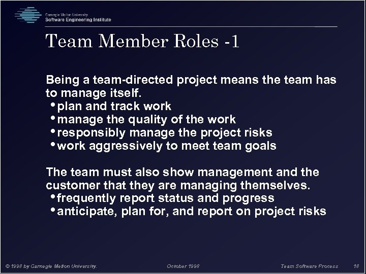 Team Member Roles -1 Being a team-directed project means the team has to manage