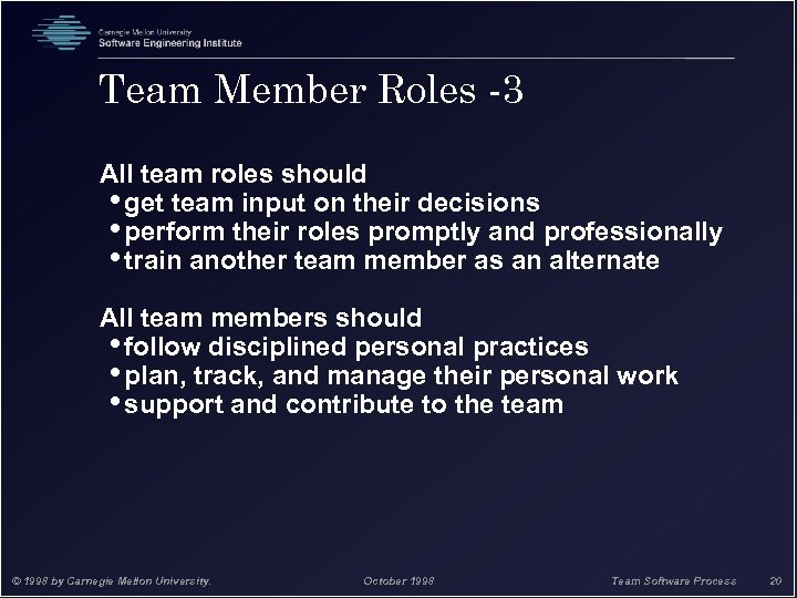 Team Member Roles -3 All team roles should • get team input on their