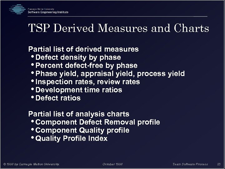 TSP Derived Measures and Charts Partial list of derived measures • Defect density by
