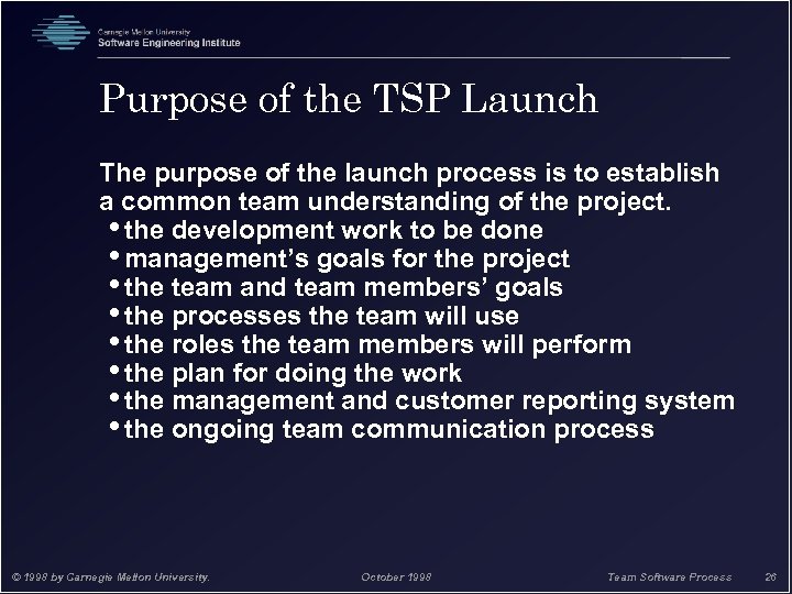 Purpose of the TSP Launch The purpose of the launch process is to establish