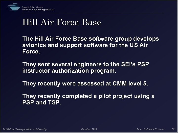 Hill Air Force Base The Hill Air Force Base software group develops avionics and