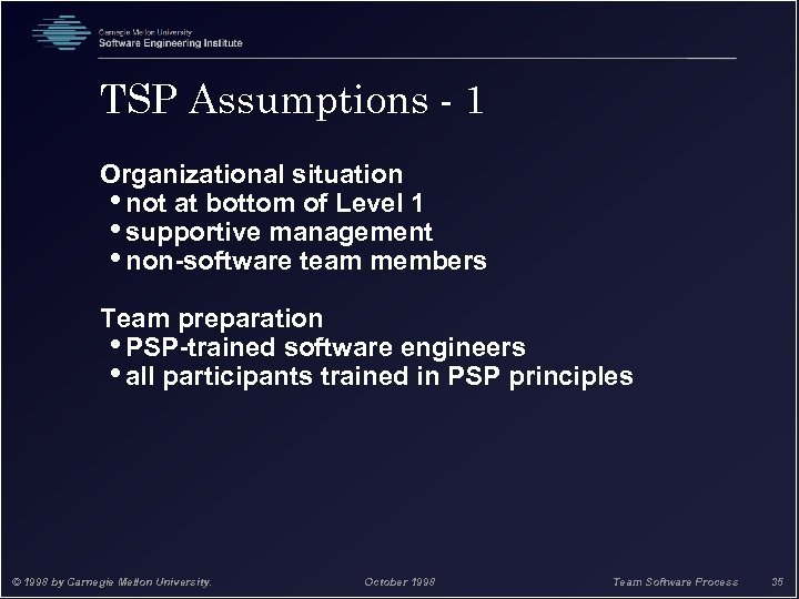 TSP Assumptions - 1 Organizational situation • not at bottom of Level 1 •