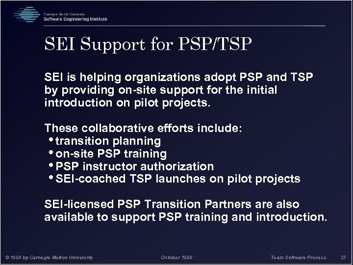 SEI Support for PSP/TSP SEI is helping organizations adopt PSP and TSP by providing