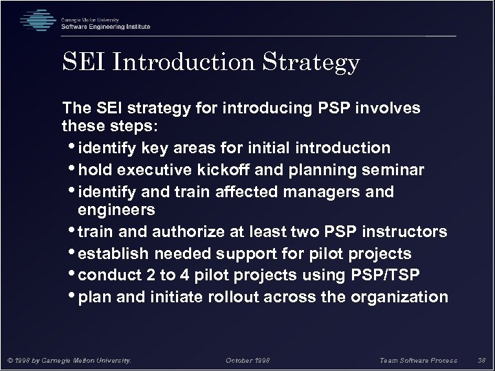 SEI Introduction Strategy The SEI strategy for introducing PSP involves these steps: • identify