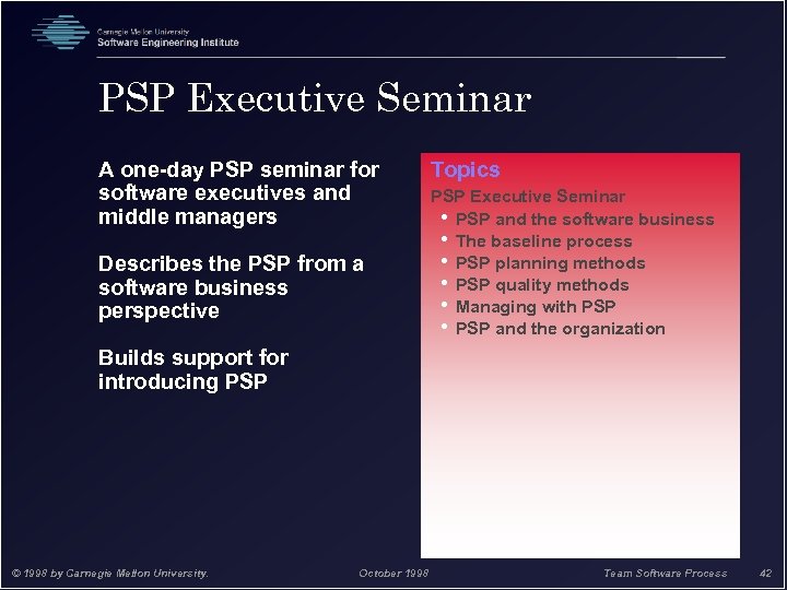 PSP Executive Seminar A one-day PSP seminar for software executives and middle managers Describes