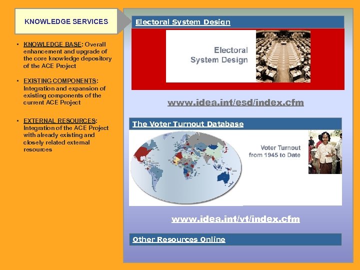 KNOWLEDGE SERVICES Electoral System Design • KNOWLEDGE BASE: Overall enhancement and upgrade of the
