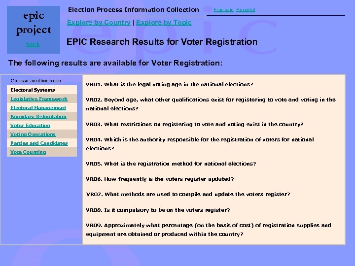 Election Process Information Collection epic project back Français Español Explore by Country | Explore