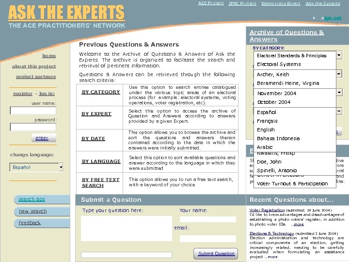  THE ACE PRACTITIONERS’ NETWORK ACE Project ASK THE EXPERTS home about this project