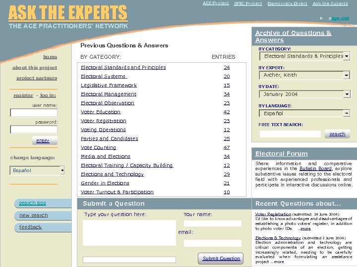  THE ACE PRACTITIONERS’ NETWORK ACE Project ASK THE EXPERTS home Previous Questions &