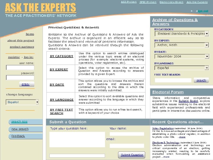  THE ACE PRACTITIONERS’ NETWORK ACE Project ASK THE EXPERTS home about this project