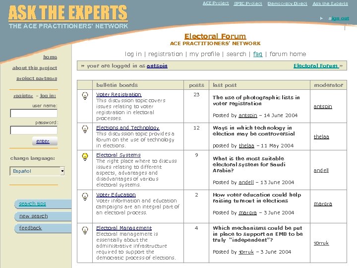  THE ACE PRACTITIONERS’ NETWORK ACE Project ASK THE EXPERTS home about this project