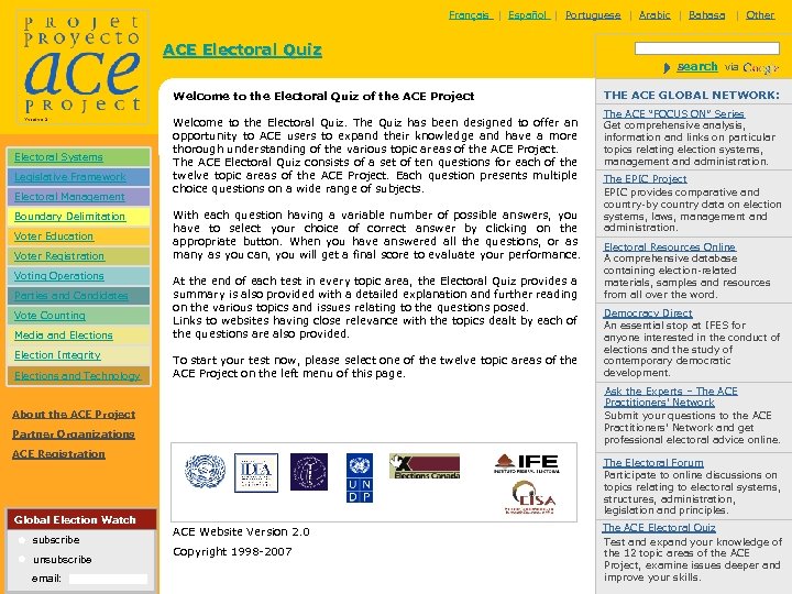 Français | Español | Portuguese | Arabic | Bahasa | Other ACE Electoral Quiz
