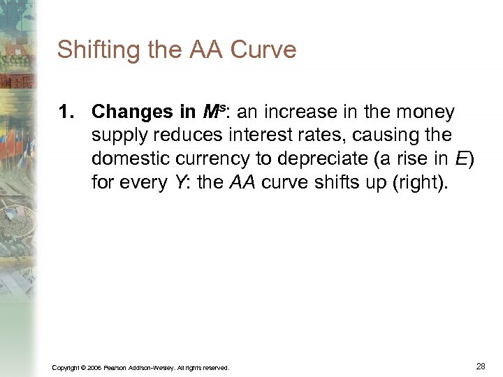 Shifting the AA Curve 1. Changes in Ms: an increase in the money supply