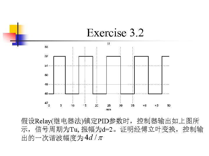 Exercise 3. 2 假设Relay(继电器法)镇定PID参数时，控制器输出如上图所 示，信号周期为Tu, 振幅为d=2。证明经傅立叶变换，控制输 出的一次谐波幅度为 