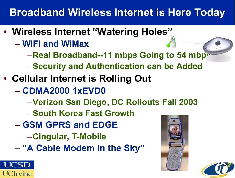 Broadband Wireless Internet is Here Today • Wireless Internet “Watering Holes” – Wi. Fi