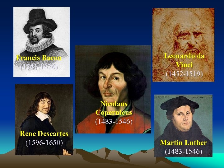Leonardo da Vinci (1452 -1519) Francis Bacon (1561 -1626) Nicolaus Copernicus (1483 -1546) Rene