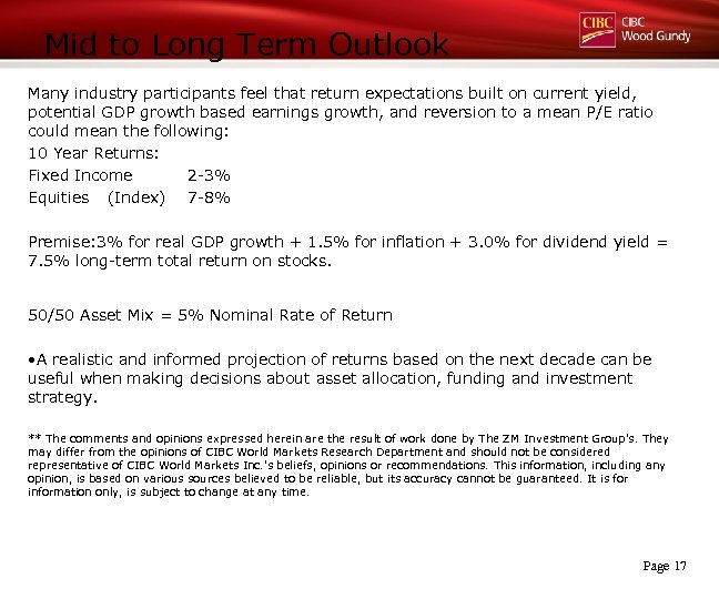 Mid to Long Term Outlook Many industry participants feel that return expectations built on