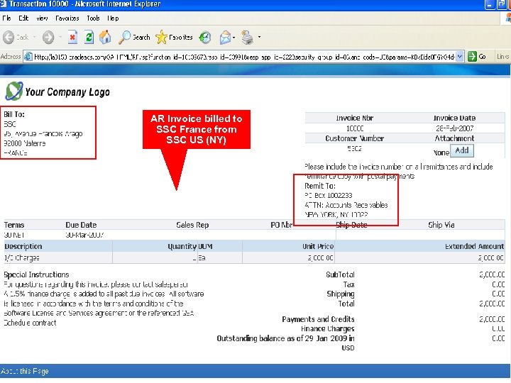 AR Invoice billed to SSC France from SSC US (NY) 