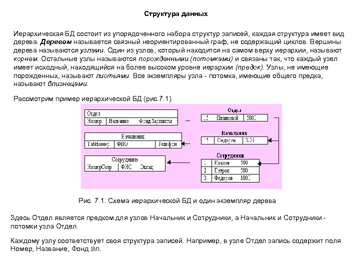 Структура данных Иерархическая БД состоит из упорядоченного набора структур записей, каждая структура имеет вид