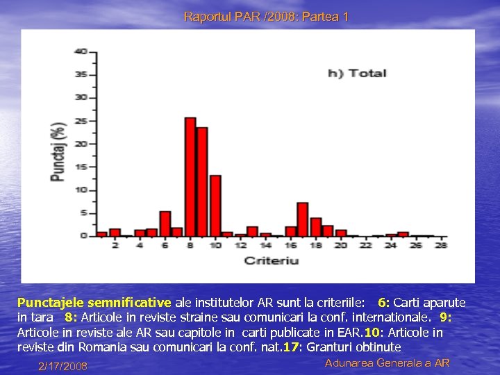 Raportul PAR /2008: Partea 1 Punctajele semnificative ale institutelor AR sunt la criteriile: 6: