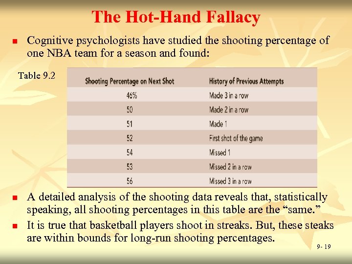 The Hot-Hand Fallacy n Cognitive psychologists have studied the shooting percentage of one NBA