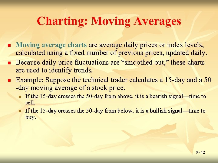 Charting: Moving Averages n n n Moving average charts are average daily prices or