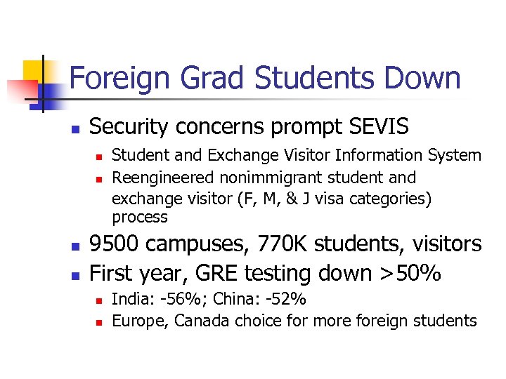 Foreign Grad Students Down n Security concerns prompt SEVIS n n Student and Exchange