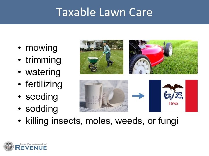 Taxable Lawn Care • • mowing trimming watering fertilizing seeding sodding killing insects, moles,