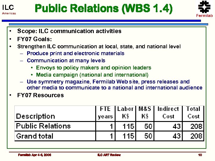 ILC Americas Public Relations (WBS 1. 4) • Scope: ILC communication activities • FY