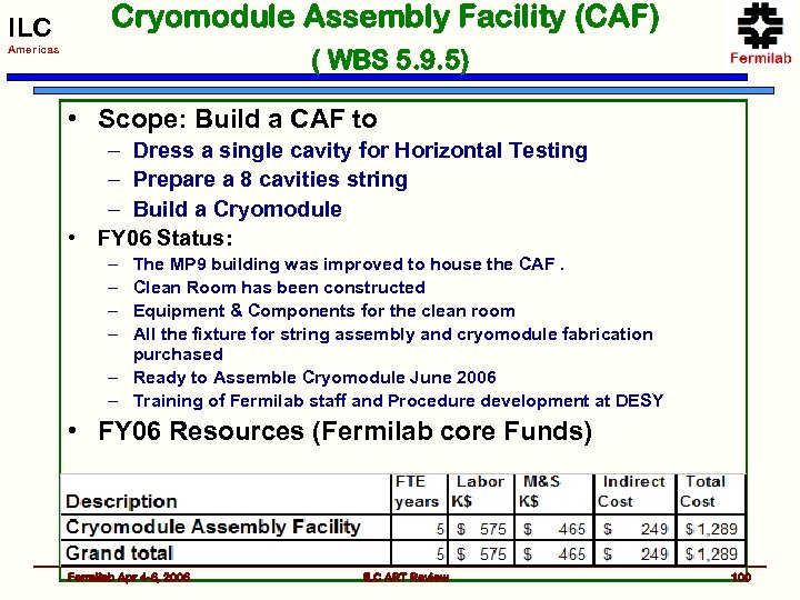 ILC Cryomodule Assembly Facility (CAF) Americas ( WBS 5. 9. 5) • Scope: Build