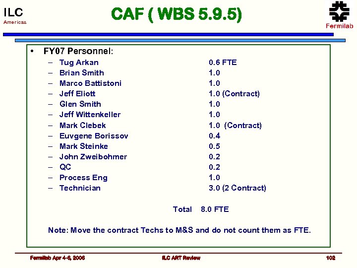 CAF ( WBS 5. 9. 5) ILC Americas • FY 07 Personnel: – –