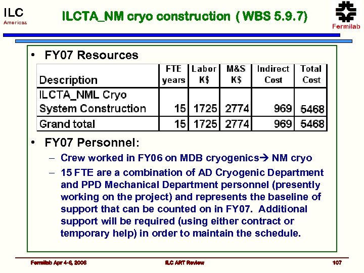 ILC Americas ILCTA_NM cryo construction ( WBS 5. 9. 7) • FY 07 Resources