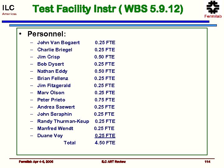 ILC Americas Test Facility Instr ( WBS 5. 9. 12) • Personnel: – –