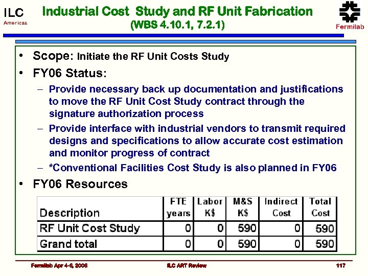 ILC Industrial Cost Study and RF Unit Fabrication (WBS 4. 10. 1, 7. 2.
