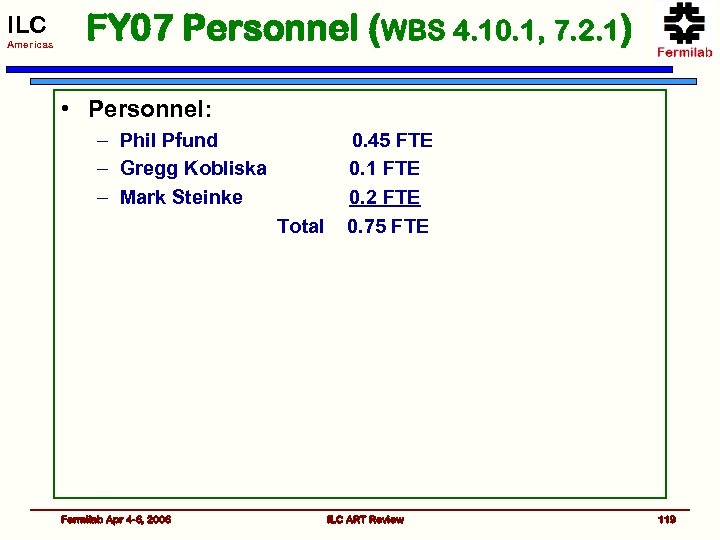 ILC Americas FY 07 Personnel (WBS 4. 10. 1, 7. 2. 1) • Personnel: