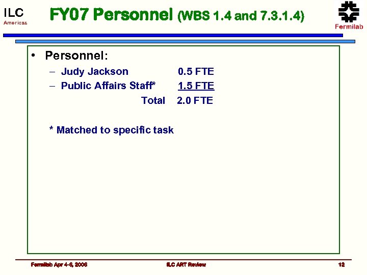 ILC Americas FY 07 Personnel (WBS 1. 4 and 7. 3. 1. 4) •