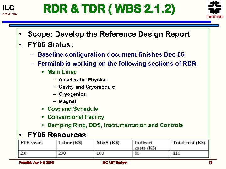 ILC Americas RDR & TDR ( WBS 2. 1. 2) • Scope: Develop the