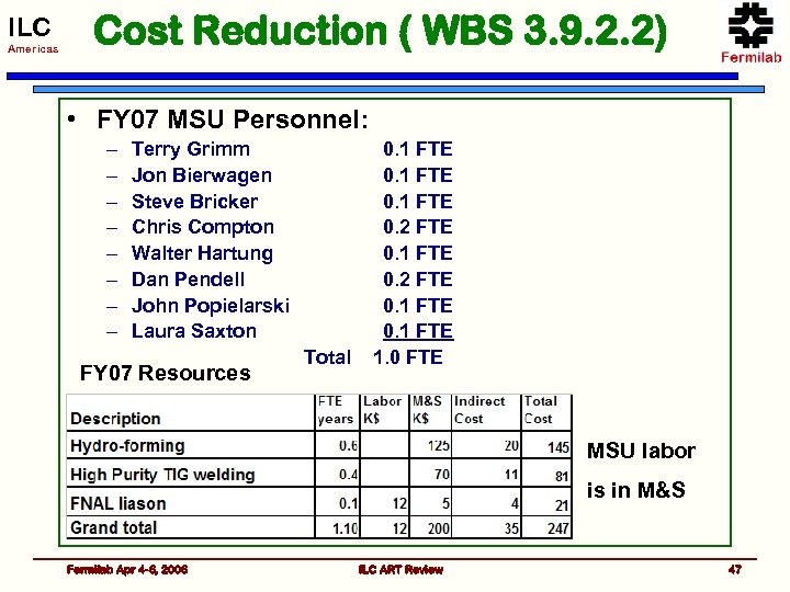 ILC Americas Cost Reduction ( WBS 3. 9. 2. 2) • FY 07 MSU