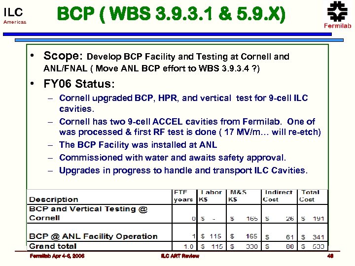 ILC Americas BCP ( WBS 3. 9. 3. 1 & 5. 9. X) •
